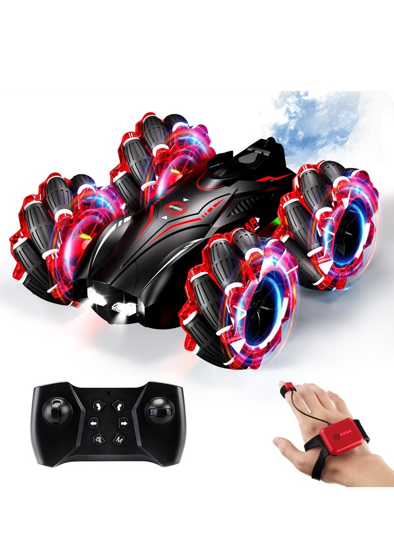 RC Gesture Sensing Stunt Car, 2.4GHz 4WD Remote Control Car with Cool Light, Double Sided Rotating Off Road Vehicle 360° Flips Cars, Outdoor Toys Car for Kids Birthday Gifts (Red)