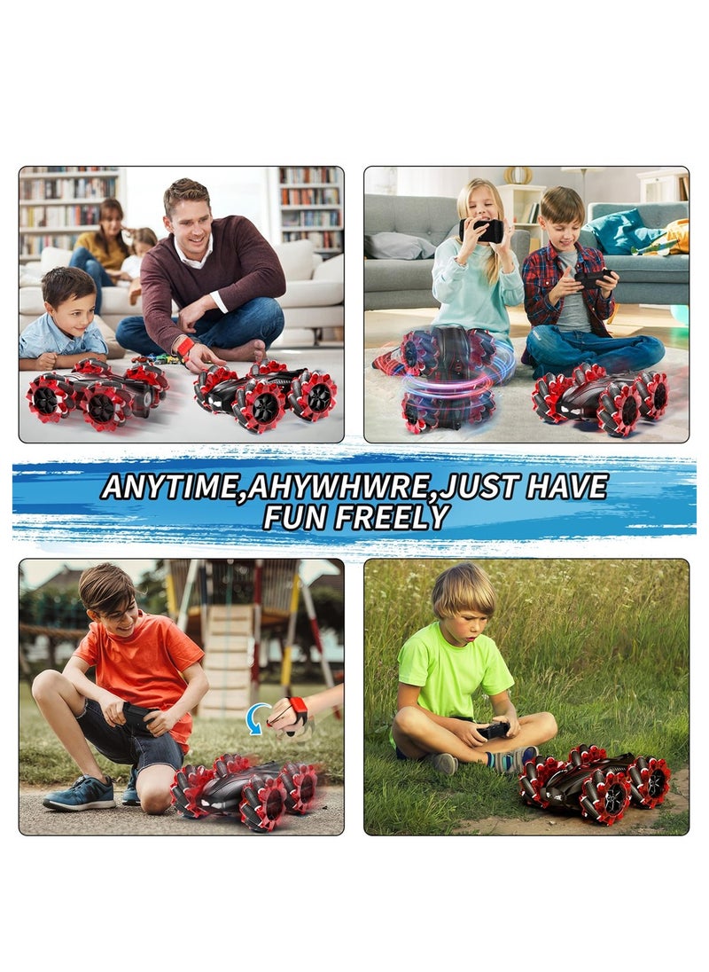 RC Gesture Sensing Stunt Car, 2.4GHz 4WD Remote Control Car with Cool Light, Double Sided Rotating Off Road Vehicle 360° Flips Cars, Outdoor Toys Car for Kids Birthday Gifts (Red)