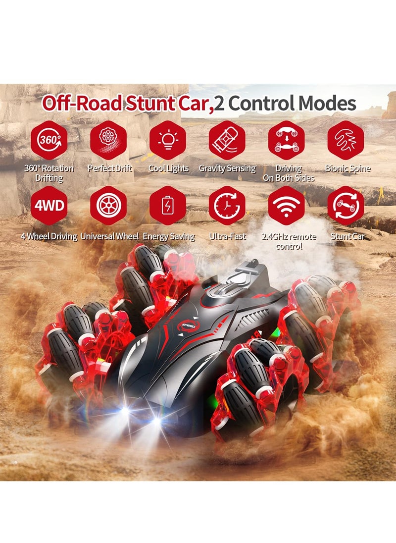 RC Gesture Sensing Stunt Car, 2.4GHz 4WD Remote Control Car with Cool Light, Double Sided Rotating Off Road Vehicle 360° Flips Cars, Outdoor Toys Car for Kids Birthday Gifts (Red)