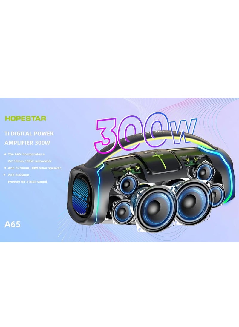 A65 300W Portable Bluetooth Speaker – Big Bass, Karaoke Mic, IPX6 Waterproof, 30000mAh Battery, TWS Stereo, LED Lights & Handle – Perfect for Parties, Camping, and Outdoor Adventures