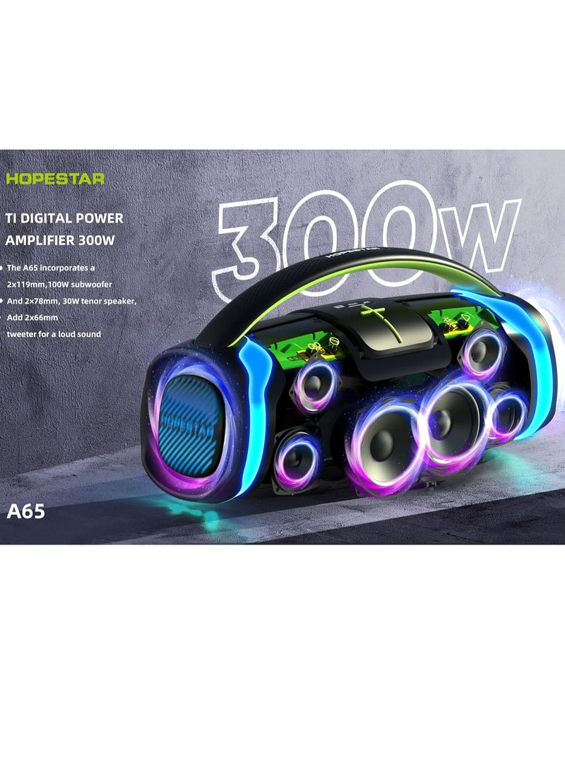A65 300W Portable Bluetooth Speaker – Big Bass, Karaoke Mic, IPX6 Waterproof, 30000mAh Battery, TWS Stereo, LED Lights & Handle – Perfect for Parties, Camping, and Outdoor Adventures