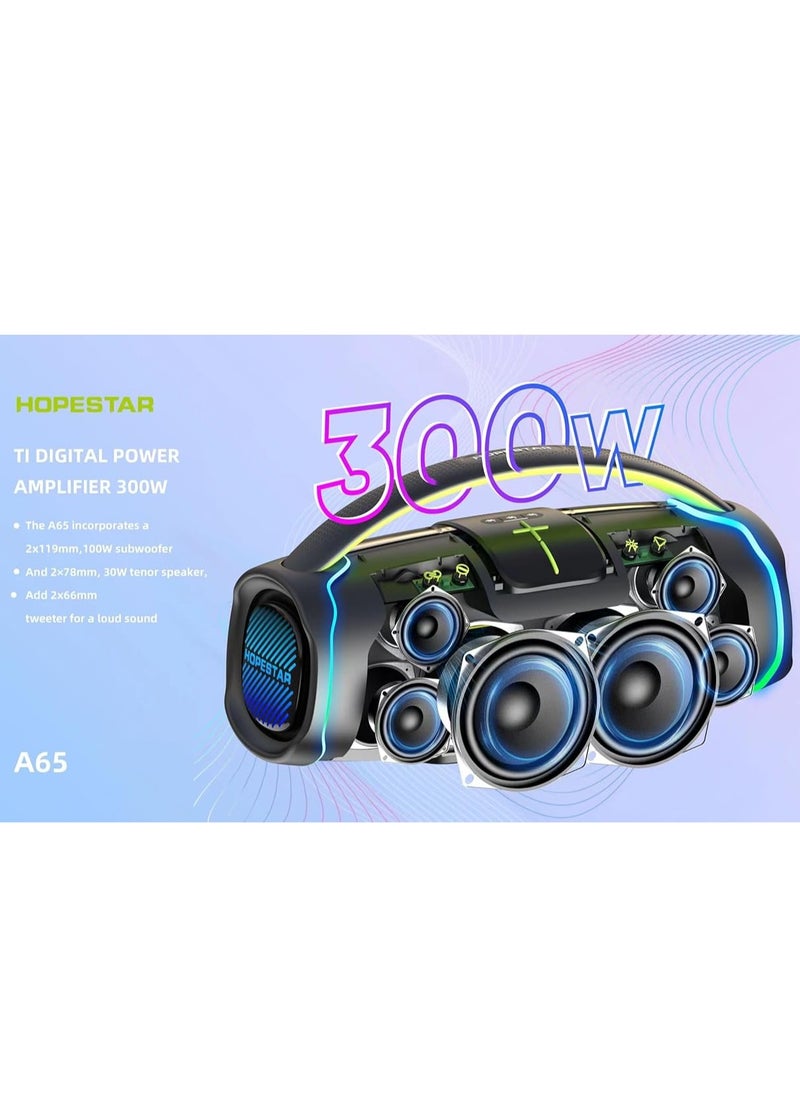 A65 300W Portable Bluetooth Speaker – Big Bass, Karaoke Mic, IPX6 Waterproof, 30000mAh Battery, TWS Stereo, LED Lights & Handle – Perfect for Parties, Camping, and Outdoor Adventures