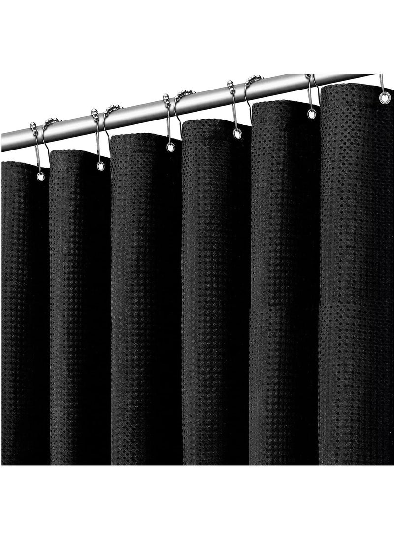 Premium Shower Curtain Thick Fabric Waffle Weave Design 5-Star Hotel Quality, Waterproof Mildew-proof No Smell Washable with 12 Hooks for Bathroom (Black, 180 x 200cm)