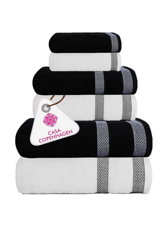 Solitaire Mix 6 Pieces Towel Set- White + Jet Black, 600 Gsm 2Bath Towel 2Hand Towel 2Washcloth, Designed In Denmark Made Of Soft Egyptian Cotton For Bathroom, Kitchen & Shower