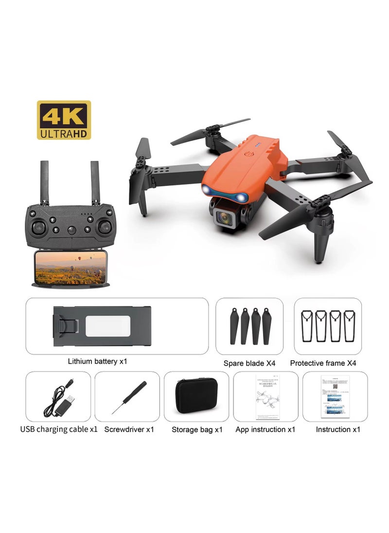 E99 Foldable Drone with 8K HD Dual Camera, Obstacle Avoidance, Altitude Hold, and Compact Design.(Orange+black) Combination.