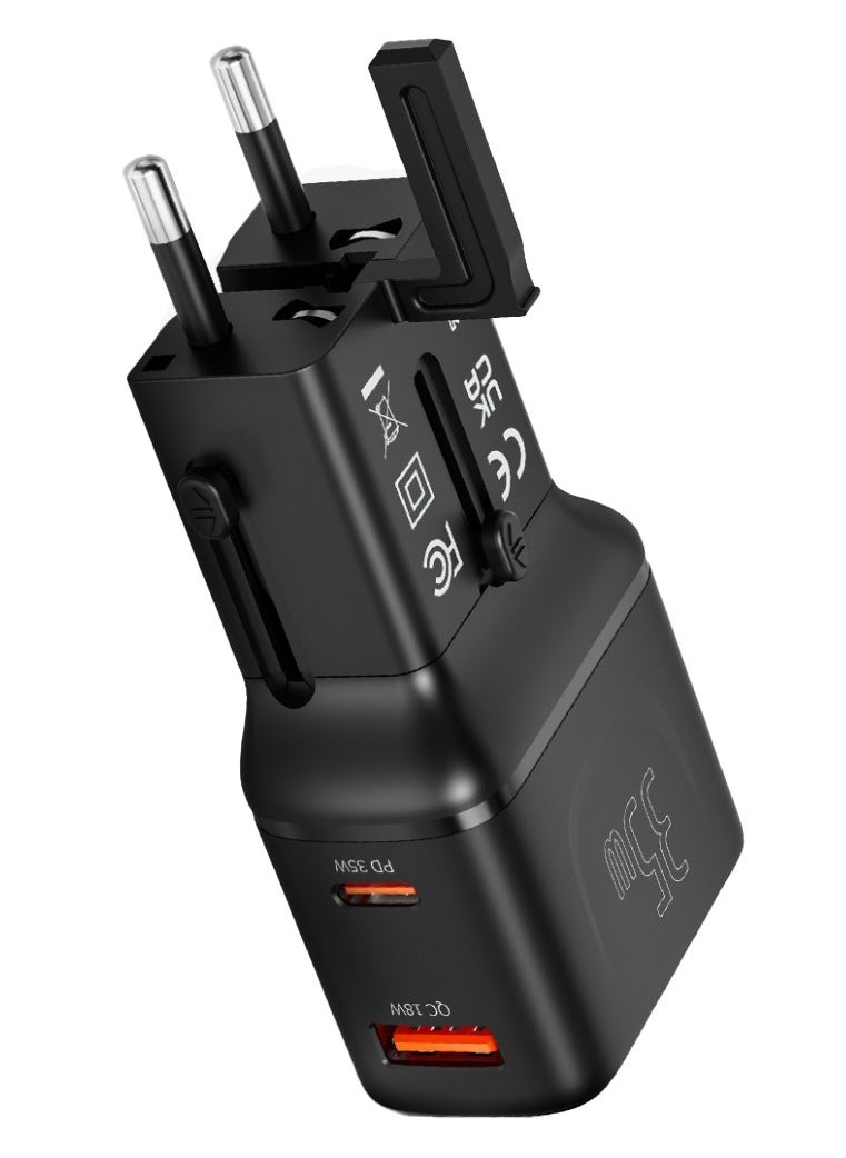 Universal Travel Pocket Charger 35W mini Universal Charger with USB-A & USB-C Ports / Simultaneous Charging / Built-In Safeguards / 200+ Countries / Universal Compatibility - Black