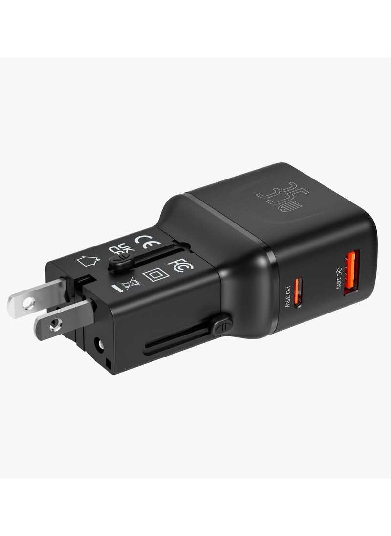 Universal Travel Pocket Charger 35W mini Universal Charger with USB-A & USB-C Ports / Simultaneous Charging / Built-In Safeguards / 200+ Countries / Universal Compatibility - Black