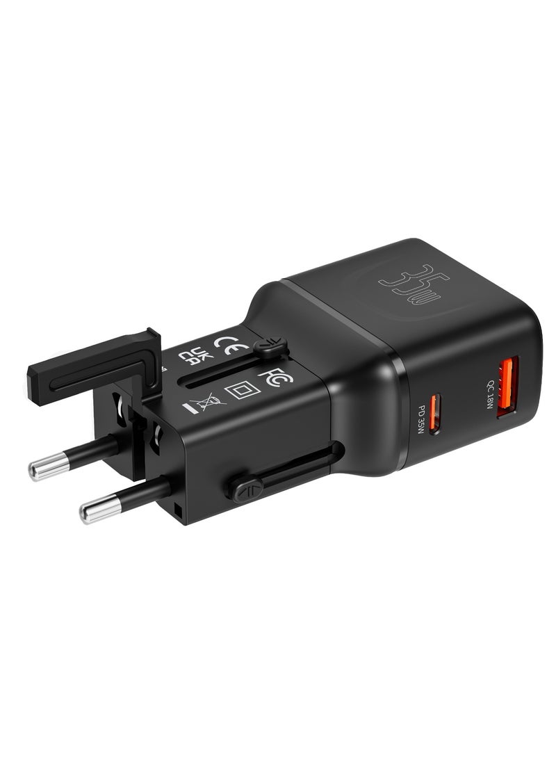 Universal Travel Pocket Charger 35W mini Universal Charger with USB-A & USB-C Ports / Simultaneous Charging / Built-In Safeguards / 200+ Countries / Universal Compatibility - Black
