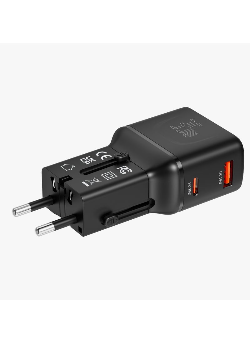 Universal Travel Pocket Charger 35W mini Universal Charger with USB-A & USB-C Ports / Simultaneous Charging / Built-In Safeguards / 200+ Countries / Universal Compatibility - Black