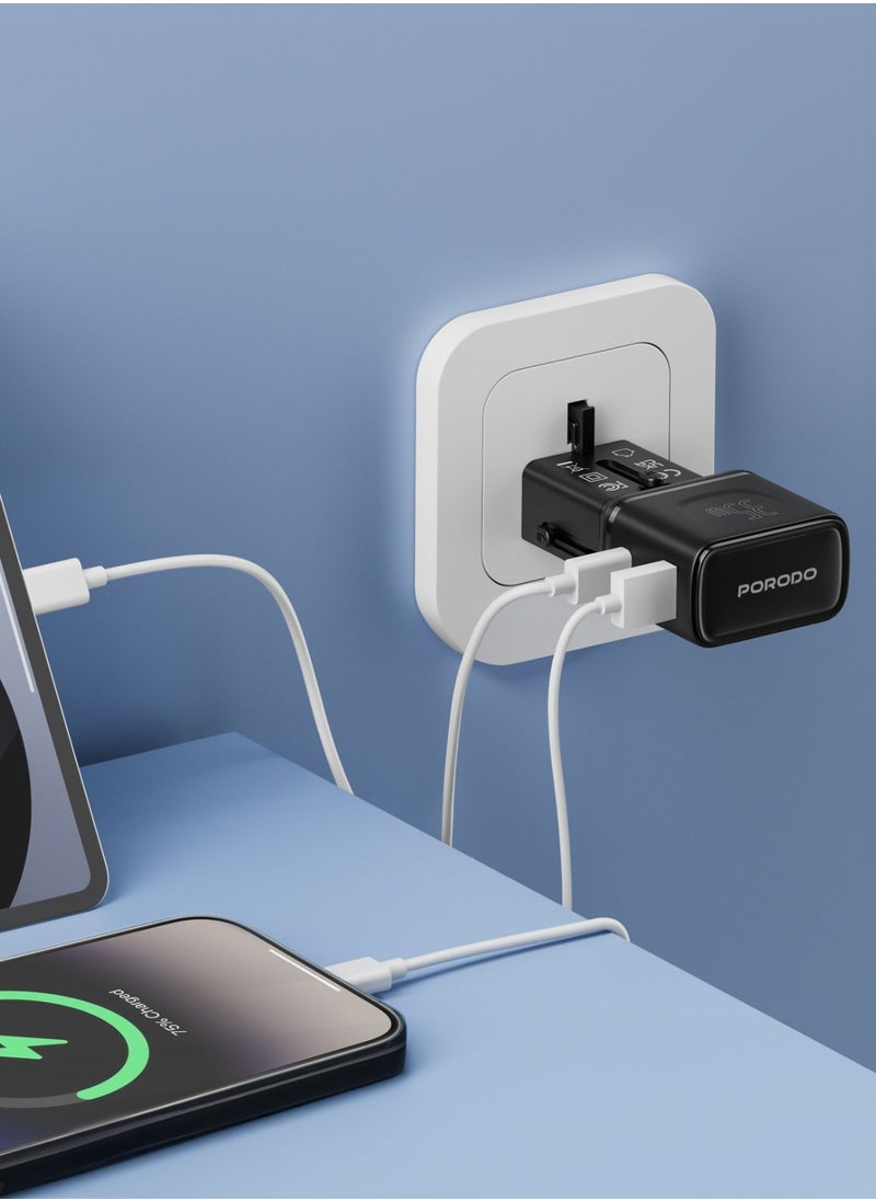 Universal Travel Pocket Charger 35W mini Universal Charger with USB-A & USB-C Ports / Simultaneous Charging / Built-In Safeguards / 200+ Countries / Universal Compatibility - Black