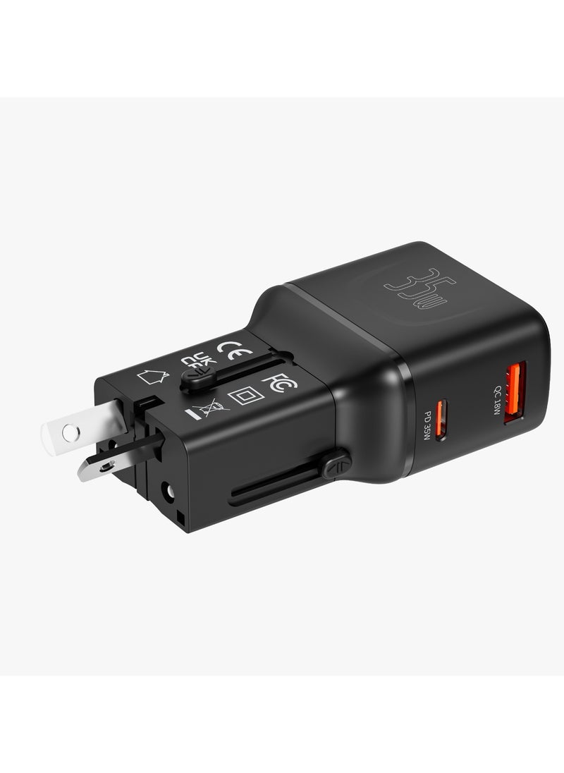 Universal Travel Pocket Charger 35W mini Universal Charger with USB-A & USB-C Ports / Simultaneous Charging / Built-In Safeguards / 200+ Countries / Universal Compatibility - Black
