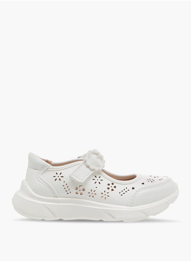 Girls Little Laser Cut Detail Mary Jane Shoes with Hook and Loop Closure