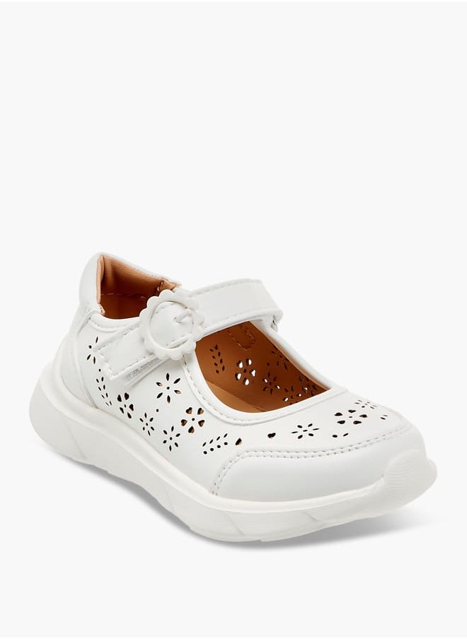 Girls Little Laser Cut Detail Mary Jane Shoes with Hook and Loop Closure