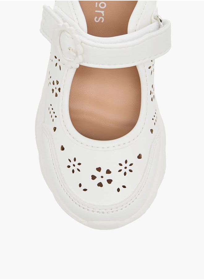 Girls Little Laser Cut Detail Mary Jane Shoes with Hook and Loop Closure
