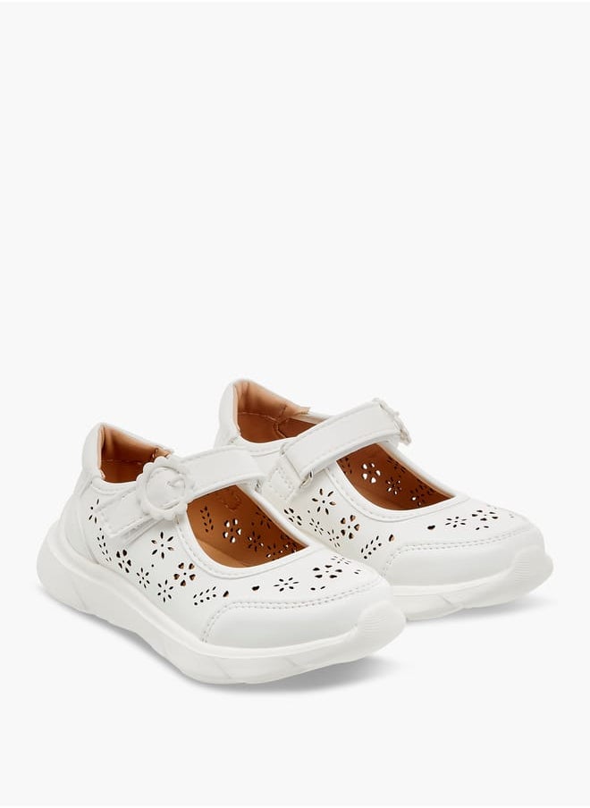 Girls Little Laser Cut Detail Mary Jane Shoes with Hook and Loop Closure