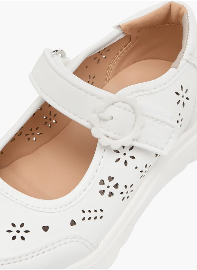 Girls Little Laser Cut Detail Mary Jane Shoes with Hook and Loop Closure