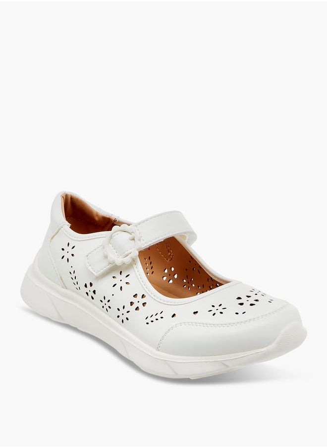 Girls Laser Cut Detail Mary Jane Shoes with Hook and Loop Closure