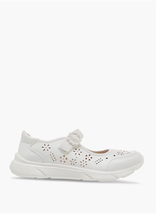 Girls Laser Cut Detail Mary Jane Shoes with Hook and Loop Closure
