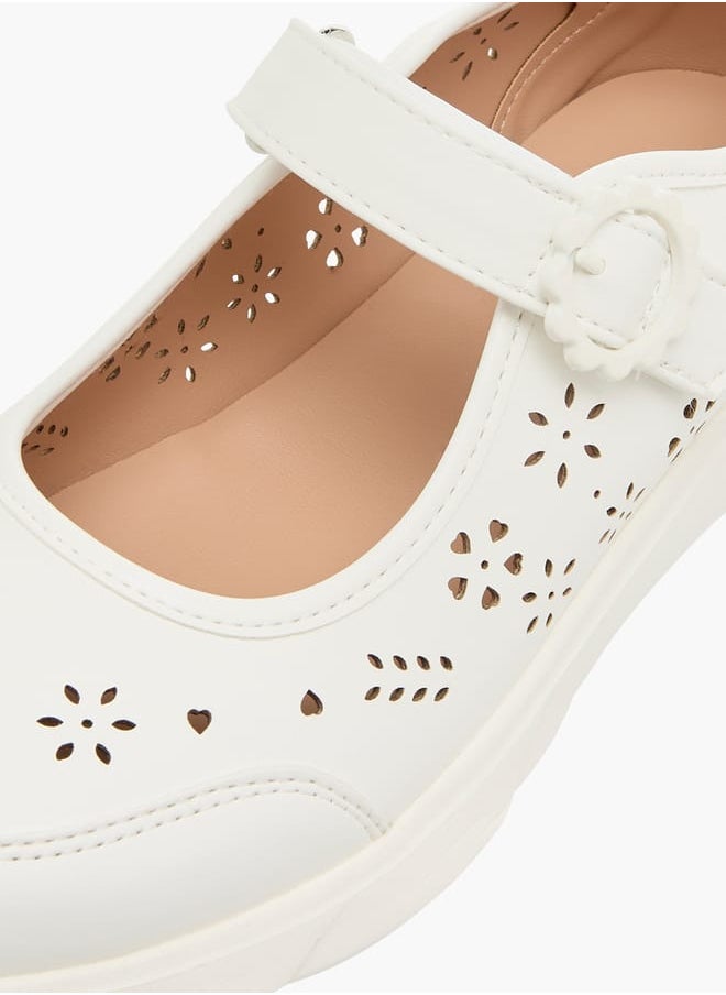 Girls Laser Cut Detail Mary Jane Shoes with Hook and Loop Closure
