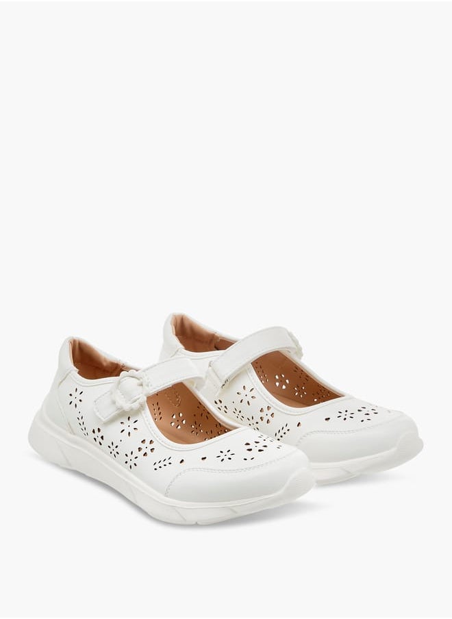 Girls Laser Cut Detail Mary Jane Shoes with Hook and Loop Closure