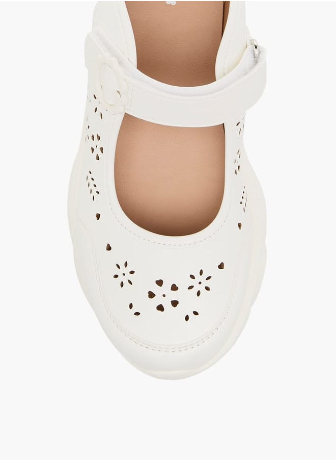 Girls Laser Cut Detail Mary Jane Shoes with Hook and Loop Closure