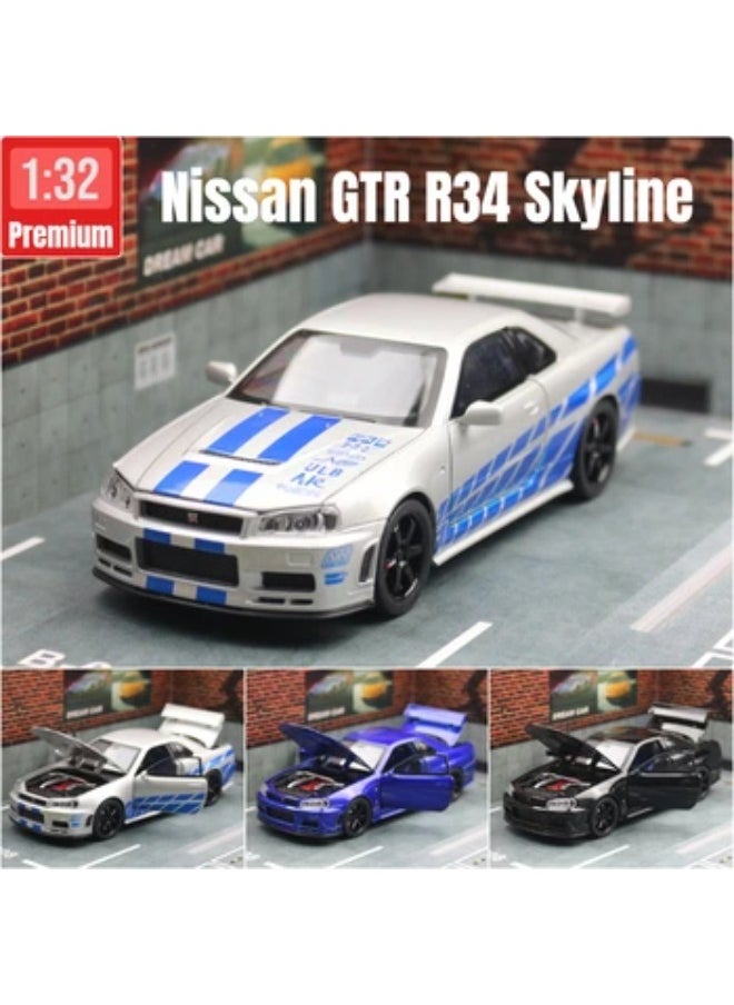 1:24 Nissan Skyline Ares GTR R34 Alloy Sports Car Model Diecasts Metal Racing Car Vehicles Model Sound Light Childrens Toys Gift