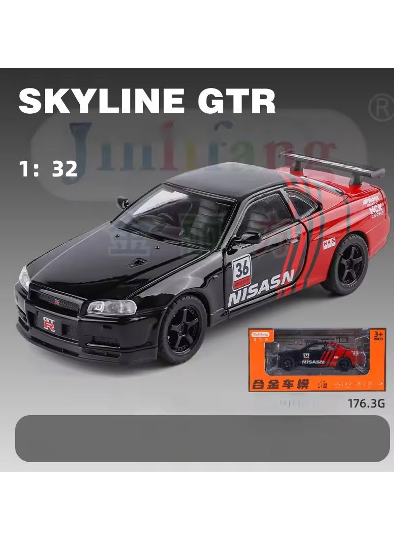 1:32 Nissan Skyline GTR R34 Diecast Model Car - Metal Alloy, Sound & Light, Openable Doors, Kids & Collectors Toy Gift - Blue