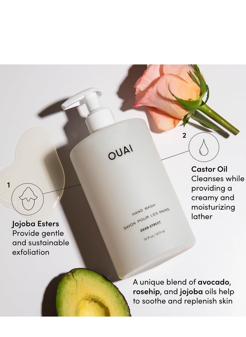 OUAI Hand Wash - Liquid Hand Soap with Jojoba, Avocado, & Rose Hip Oil for Replenished Skin - Gentle Exfoliating Bathroom + Kitchen Hand Soap (16 Fl Oz)