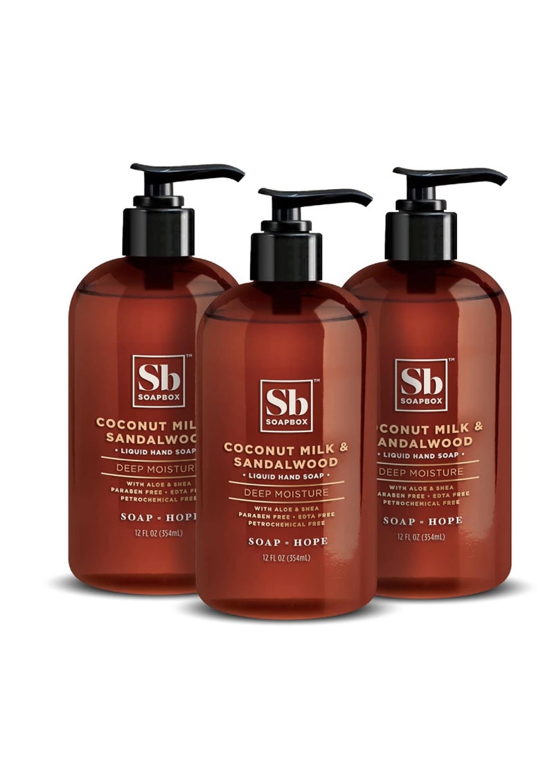 Soapbox Liquid Hand Soap, Coconut Milk & Sandalwood, Gentle & Moisturizing Hand Wash for Kitchen and Bathroom, Vegan & Cruelty Free Scented Hand Soap 12 Ounce Pump Bottles (Pack of 3)