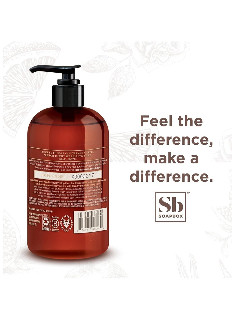 Soapbox Liquid Hand Soap, Coconut Milk & Sandalwood, Gentle & Moisturizing Hand Wash for Kitchen and Bathroom, Vegan & Cruelty Free Scented Hand Soap 12 Ounce Pump Bottles (Pack of 3)