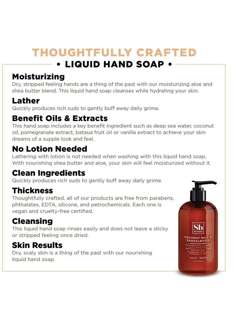 Soapbox Liquid Hand Soap, Coconut Milk & Sandalwood, Gentle & Moisturizing Hand Wash for Kitchen and Bathroom, Vegan & Cruelty Free Scented Hand Soap 12 Ounce Pump Bottles (Pack of 3)