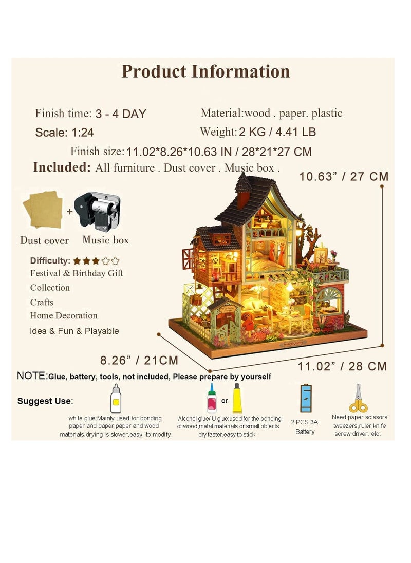 DIY Dollhouse Miniature with Furniture,Wooden Crafts Model Mini Handmade Kit with Dust Proof Cover and Music Box,1:24 Scale Creative Room Birthday Gift Idea for Adult Friend Lover