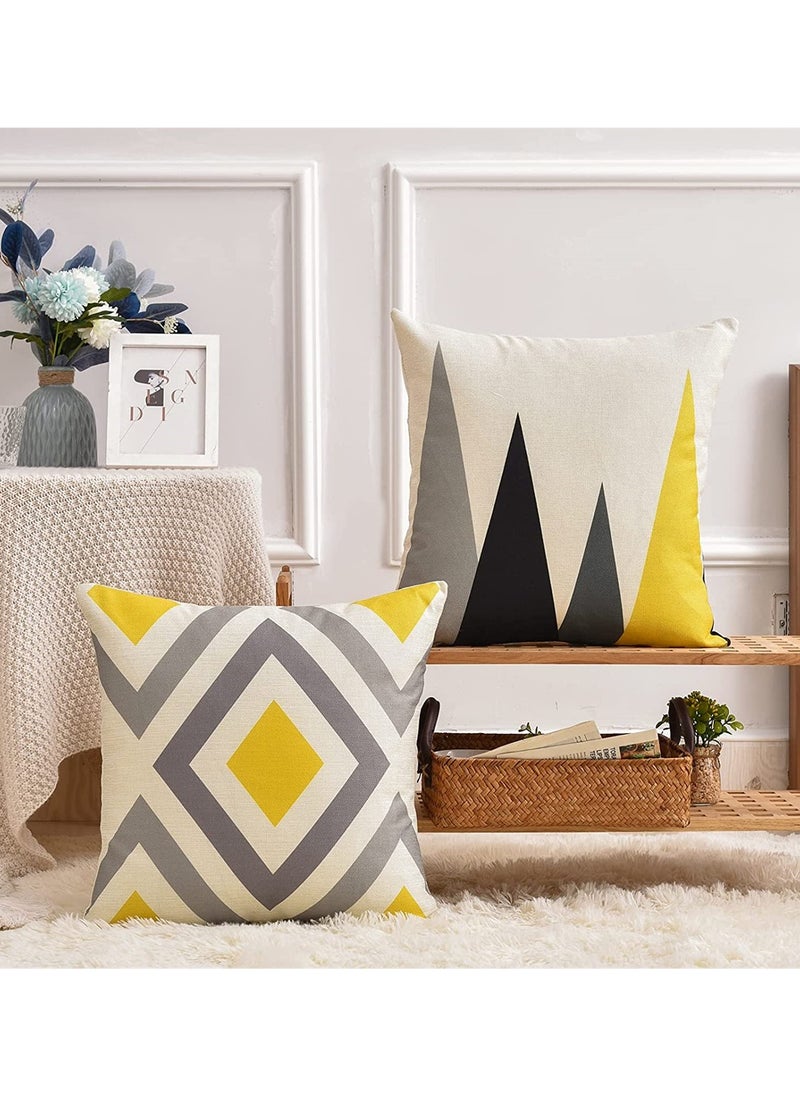 Set of 4 Modern Geometric Yellow and Grey Pillow Covers 18x18 Inch Stylish Cotton Polyester Cushion Cases for Sofa and Home Decor