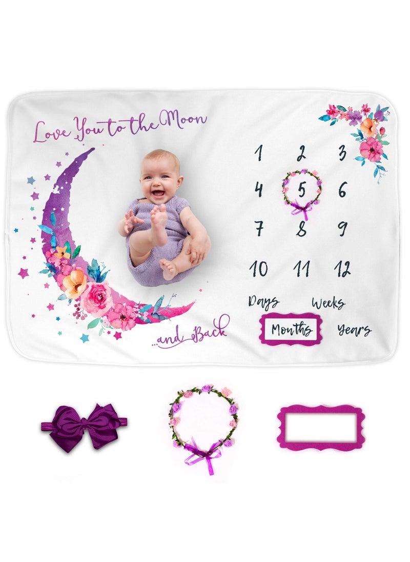 Baby Girl Milestone Blanket - 60x40 Moon-Themed Monthly Growth Chart for First Year, Includes Washable Headband, Perfect Baby Shower Gift for New Moms.