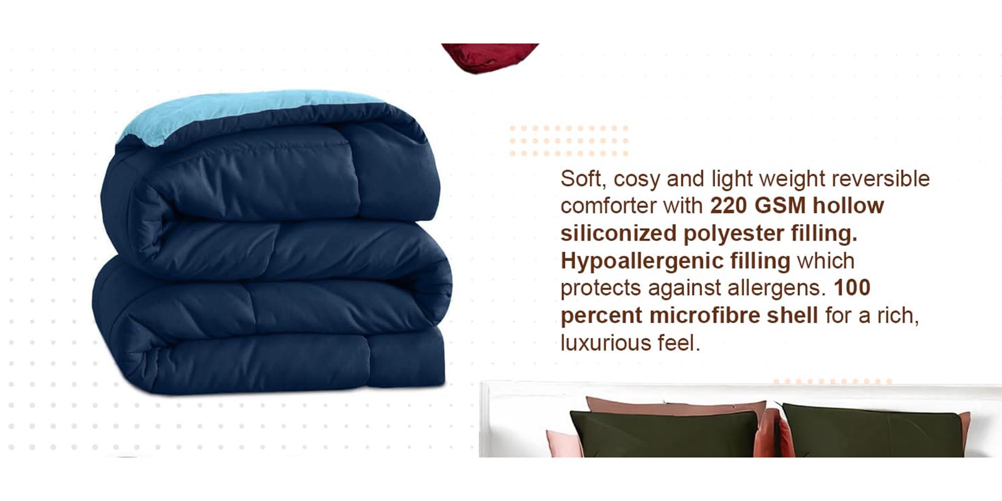 Reversible Solid Comforter Double Bed Blanket for Winter//Double/GSM- 220, Dark Blue-Red, 220 X 240 Cm