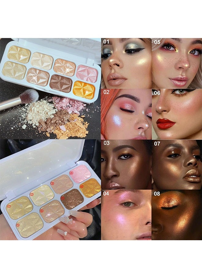 8 Colors Diamonds Highlighter Palette, Iluminadores De Maquillaje Profesional Natural Glow Facial Highlighters & Luminizers Contour Concealer Highlight Powder Palette Lasting Lightweight