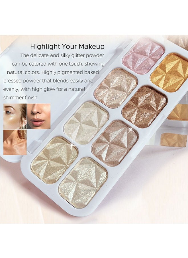 8 Colors Diamonds Highlighter Palette, Iluminadores De Maquillaje Profesional Natural Glow Facial Highlighters & Luminizers Contour Concealer Highlight Powder Palette Lasting Lightweight