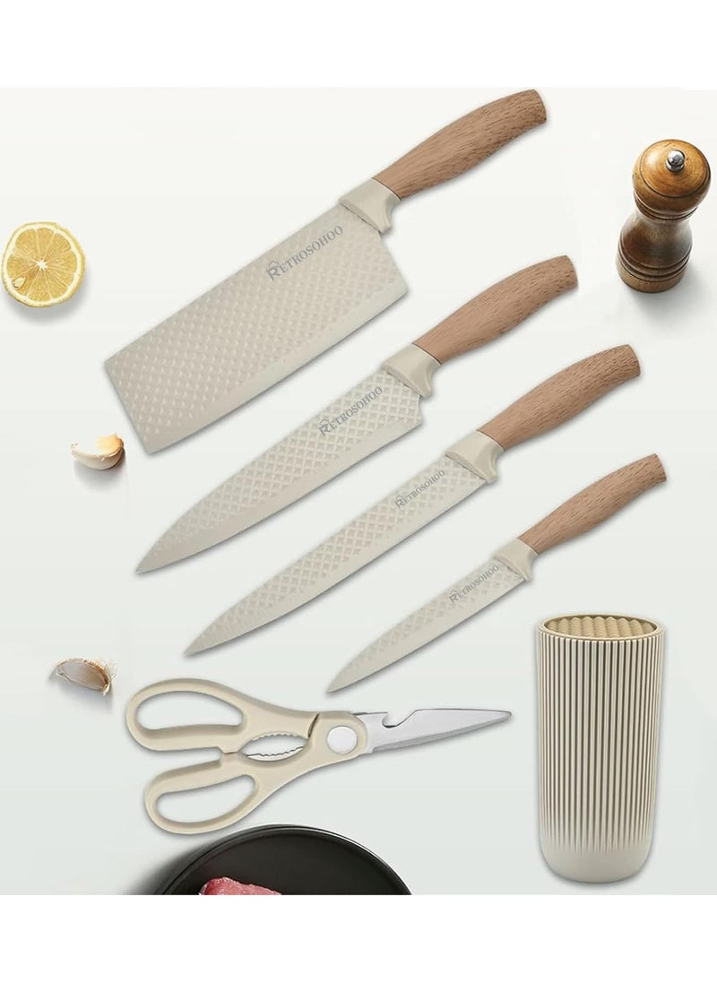 Kitchen Knife Set, 6-Pieces Khaki Sharp Knife Set for Kitchen, Non-stick Non-slip Stainless Steel Chef Knife Set with Universal Knife Block Suitable for Home Restaurant (Khaki)