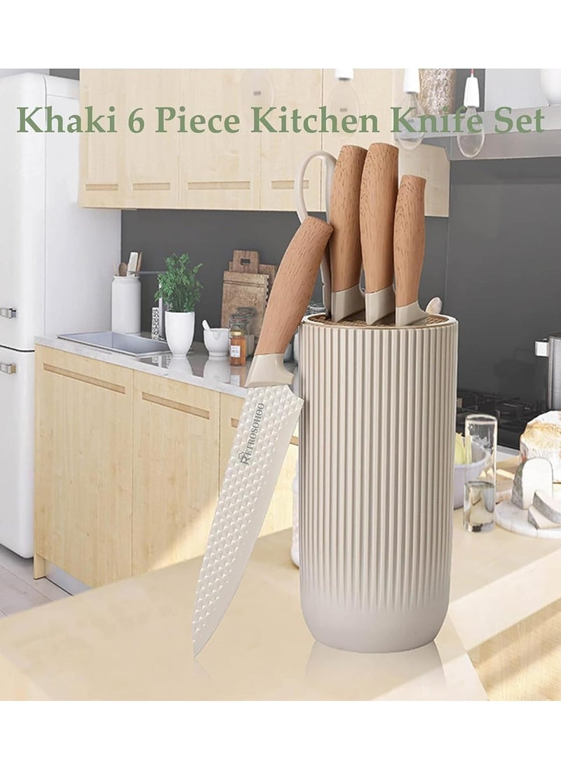 Kitchen Knife Set, 6-Pieces Khaki Sharp Knife Set for Kitchen, Non-stick Non-slip Stainless Steel Chef Knife Set with Universal Knife Block Suitable for Home Restaurant (Khaki)