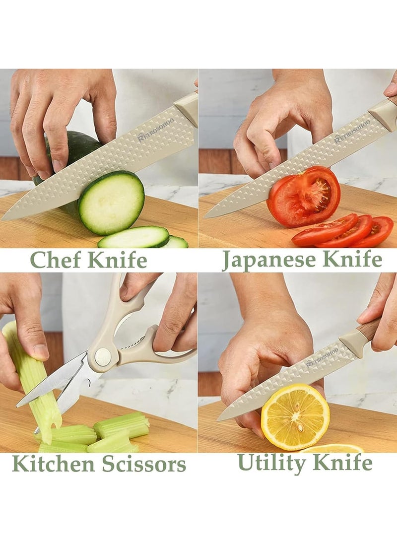 Kitchen Knife Set, 6-Pieces Khaki Sharp Knife Set for Kitchen, Non-stick Non-slip Stainless Steel Chef Knife Set with Universal Knife Block Suitable for Home Restaurant (Khaki)