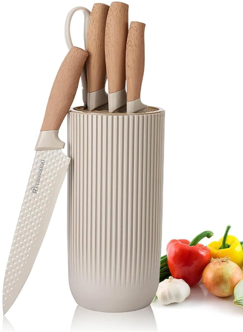 Kitchen Knife Set, 6-Pieces Khaki Sharp Knife Set for Kitchen, Non-stick Non-slip Stainless Steel Chef Knife Set with Universal Knife Block Suitable for Home Restaurant (Khaki)