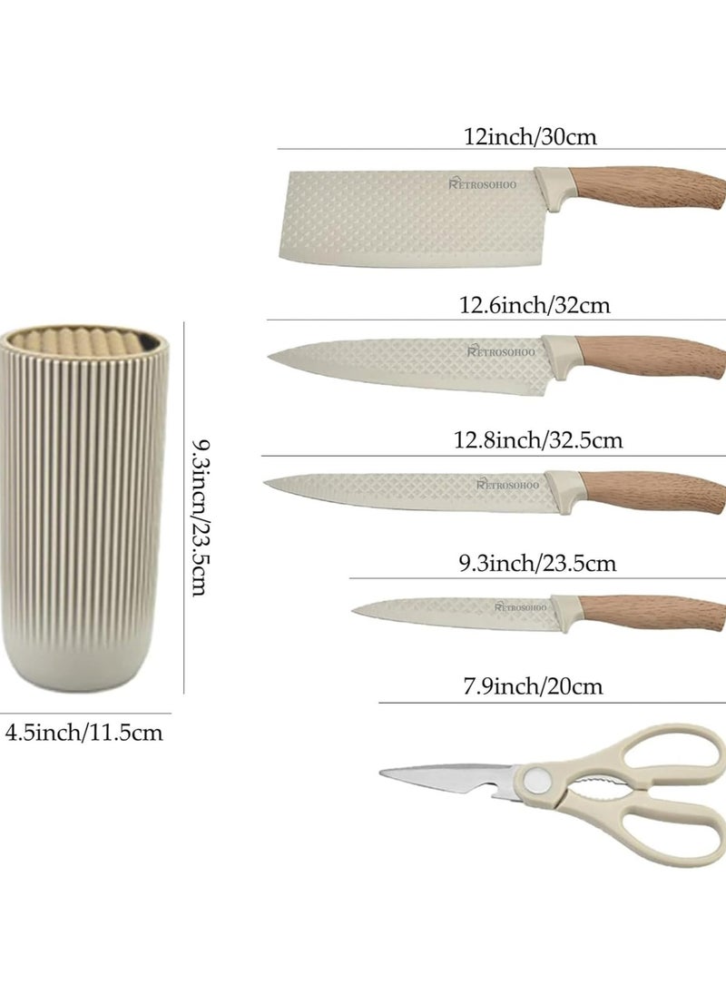 Kitchen Knife Set, 6-Pieces Khaki Sharp Knife Set for Kitchen, Non-stick Non-slip Stainless Steel Chef Knife Set with Universal Knife Block Suitable for Home Restaurant (Khaki)