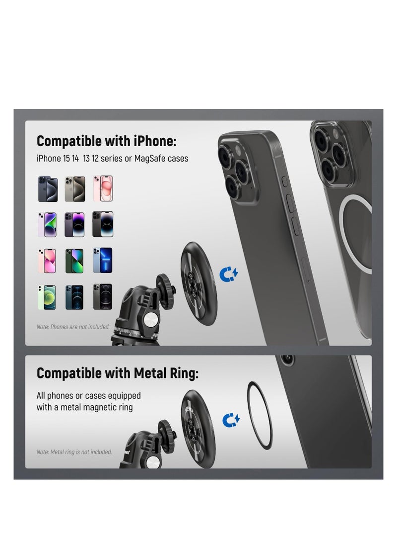 Magnetic Phone Tripod Set, Single Hand Grip Selfie Stick Metal Tabletop Mini Tripod with 360° Ball Head, Compatible with MagSafe iPhone 15 Pro Max 14 13 12 Series, 1/4