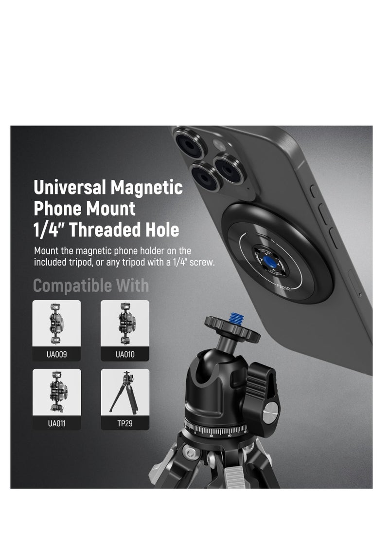 Magnetic Phone Tripod Set, Single Hand Grip Selfie Stick Metal Tabletop Mini Tripod with 360° Ball Head, Compatible with MagSafe iPhone 15 Pro Max 14 13 12 Series, 1/4
