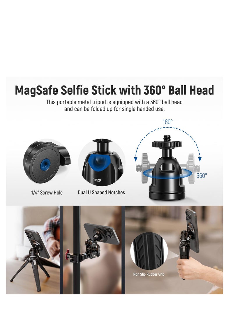 Magnetic Phone Tripod Set, Single Hand Grip Selfie Stick Metal Tabletop Mini Tripod with 360° Ball Head, Compatible with MagSafe iPhone 15 Pro Max 14 13 12 Series, 1/4
