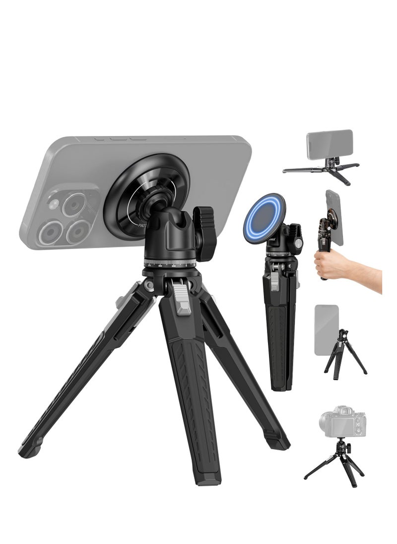 Magnetic Phone Tripod Set, Single Hand Grip Selfie Stick Metal Tabletop Mini Tripod with 360° Ball Head, Compatible with MagSafe iPhone 15 Pro Max 14 13 12 Series, 1/4