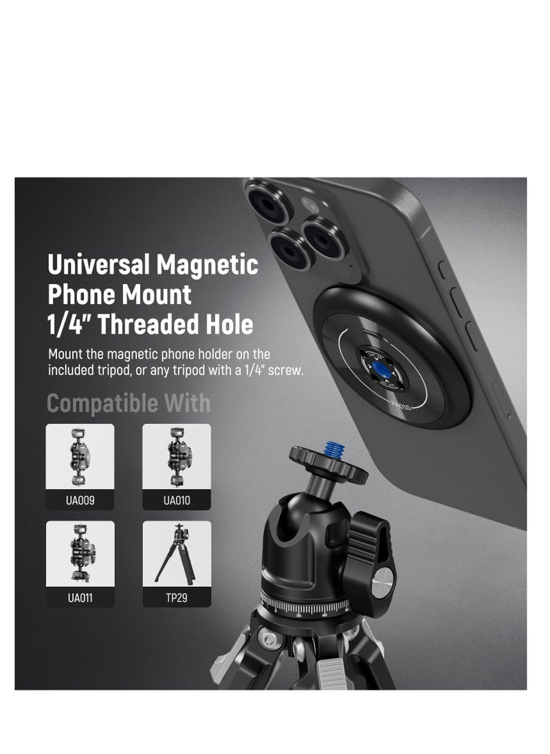 Magnetic Phone Tripod Set - Metal Mini Tripod with 360° Ball Head & Single Hand Grip, Compatible with MagSafe iPhone 15 Pro Max/14/13/12 Series, Features 1/4