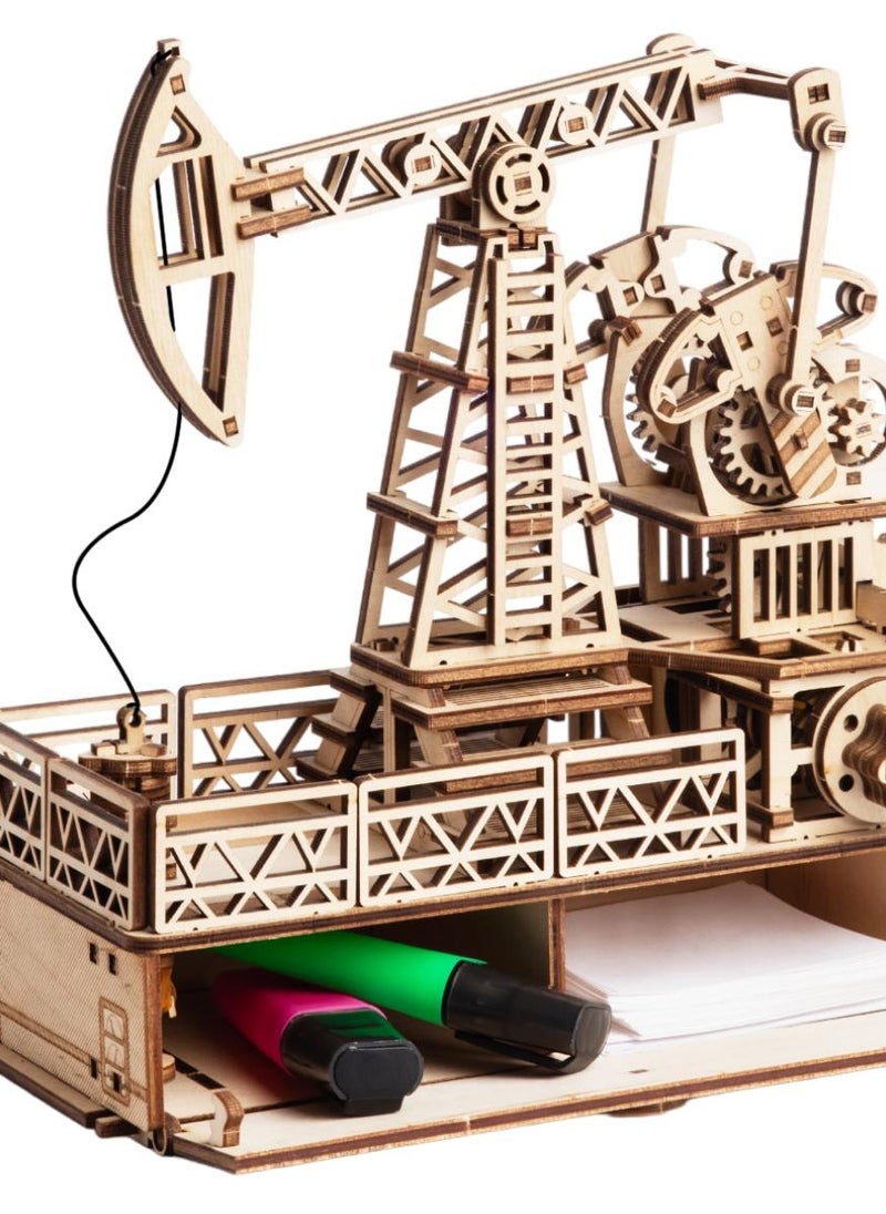 Wooden 3D Puzzle Oil Derrick with Motor and Secret Box - Innovative DIY Model Kit for Creative Builders, Perfect Gift for All Ages, Fun and Educational Engineering Experience