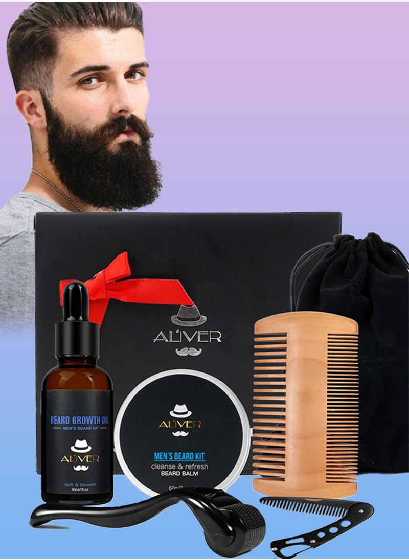 Beard Growth Kit with Beard Growth Oil Beard Balm and Beard Roller for Men care Beard Trimming Kit with Comb Beard Growth Serum with Microneedle Roller Beard Regrowth Beard Grooming Kit