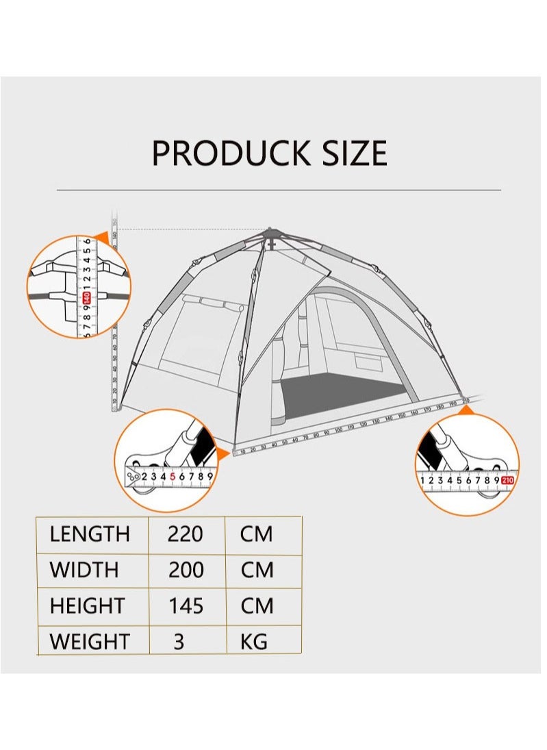 Pop-up Tent Large Tent for Camping 3-4 Person Portable(220×200×145cm) Backpacking Tent Lightweight Waterproof Outdoor Sunshade Tent, with Carry Bag, Windproof Ropes All Seasons, Suitable for camping, hiking, and outdoor activities.